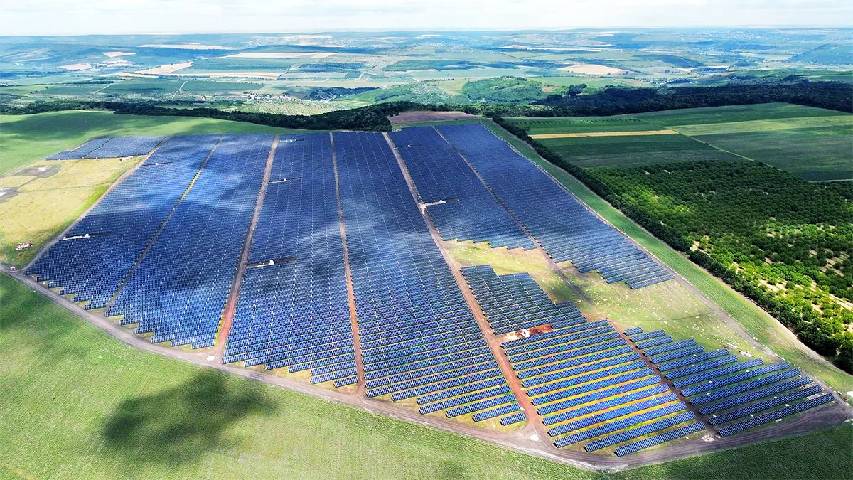 A large solar installation set within an agricultural landscape