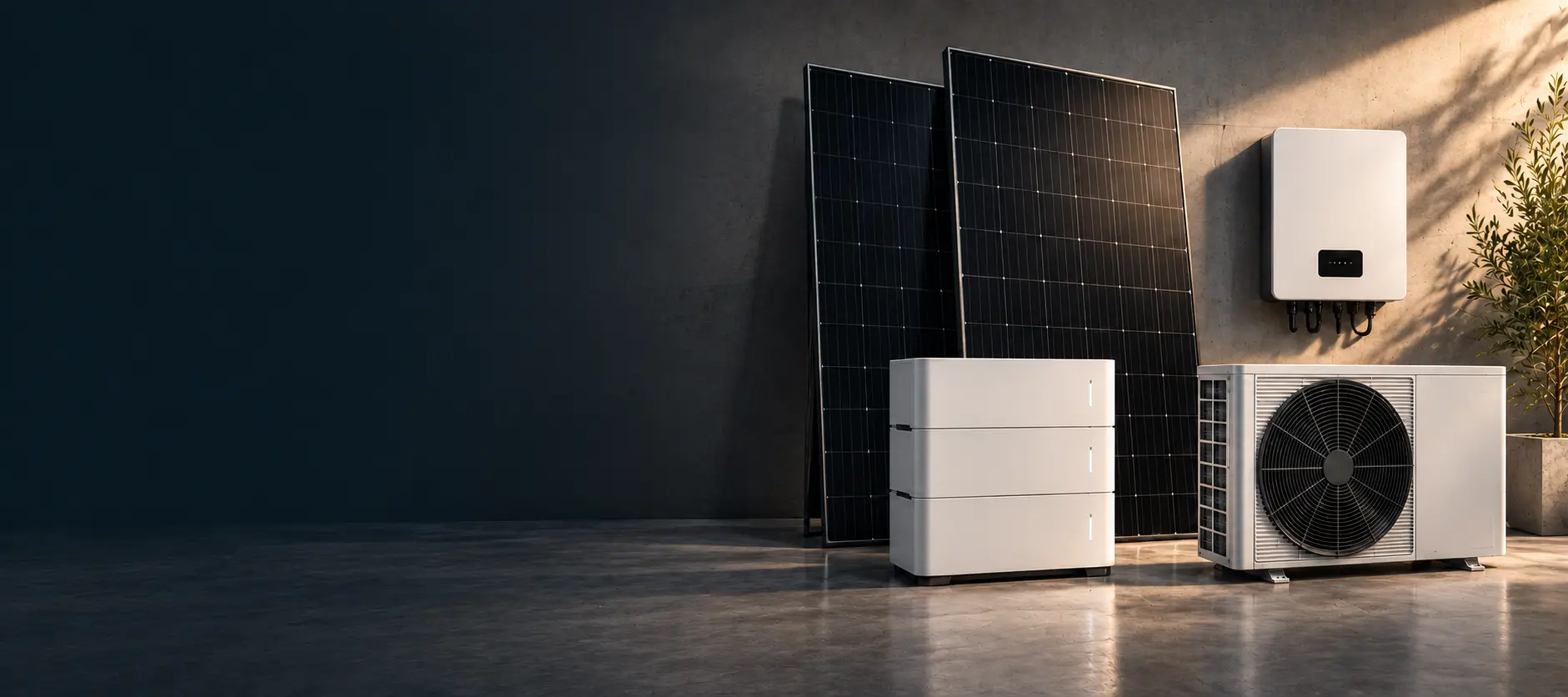 Photovoltaic panels, hybrid inverter, battery storage and heat pump in a premium studio setting